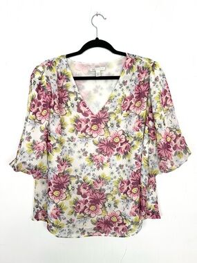 Cato Pink Yellow Blue Floral Blouse Short Puff‎ Sleeve V-Neck Plus 18/20 2X cg